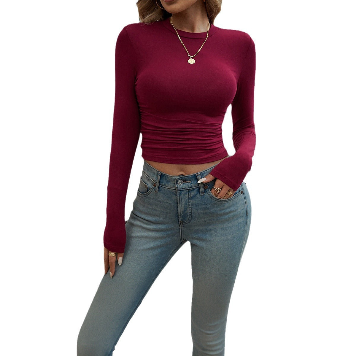 Slim-fit Solid Color Round Neck Long Sleeve T-shirt