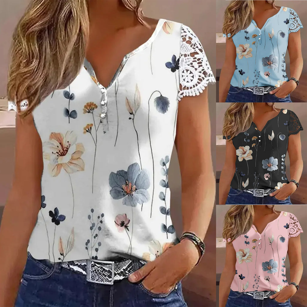 Womens Printed Short-Sleeve Patchwork Lace T-Shirt