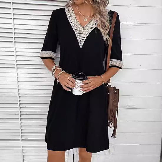 V-neck Half Sleeves Loose Casual Dress