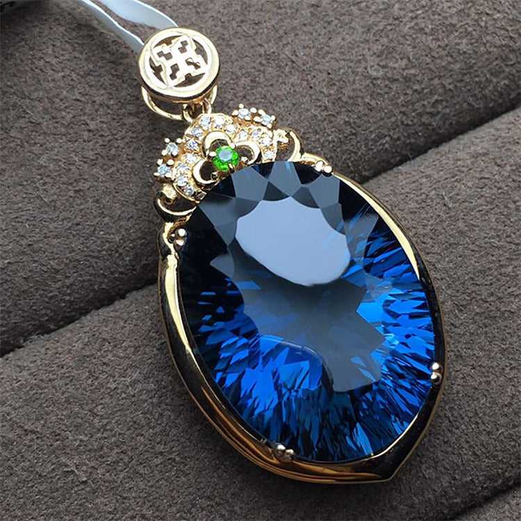 Korean Style Hot Sale Big Stone Brazil Topaz Sapphire Pendant 18K Gold Plating With Diamond Inlaid Luxury Atmosphere