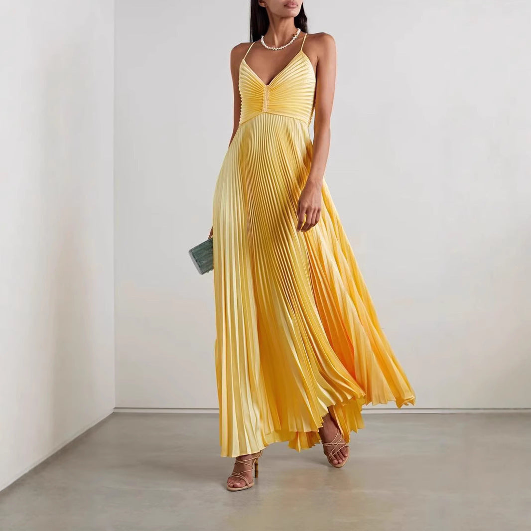 Women's Sling Pleated V-neck Sexy Lace-up Solid Color Dress