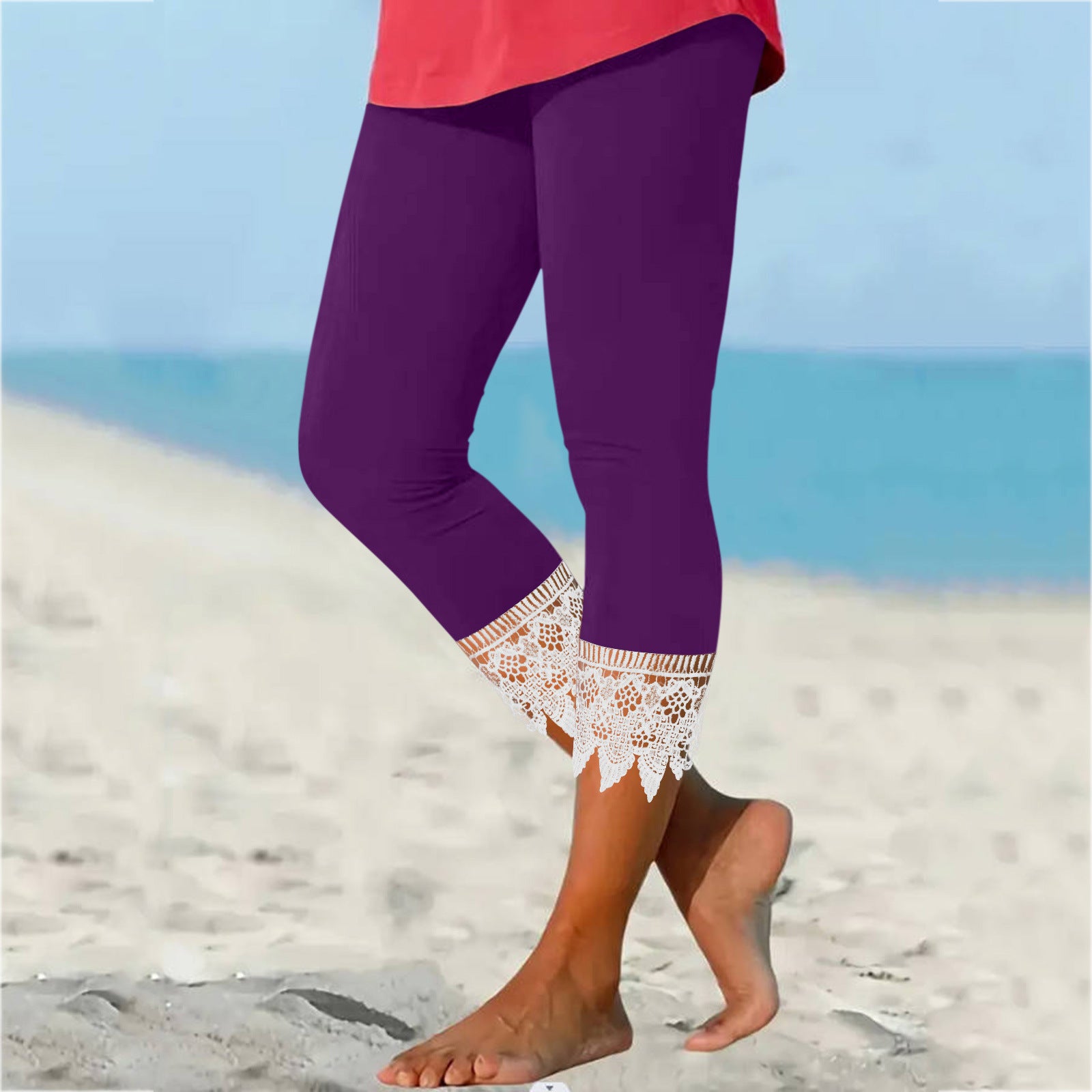 Solid Color Casual Lace Stitching Leggings