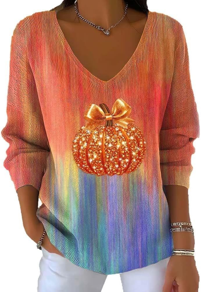 Women's V-neck Long Sleeve Pullover 3D Digital Printing