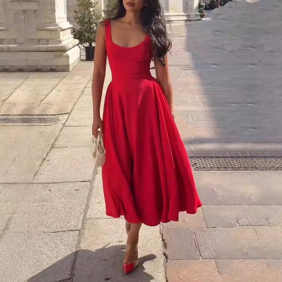 Women's Solid Color Square Collar Sling Dress