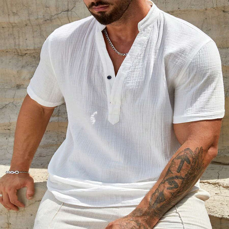 Men's Cotton And Linen Double-layer Solid Color Cuban Collar Short Sleeve Shirt