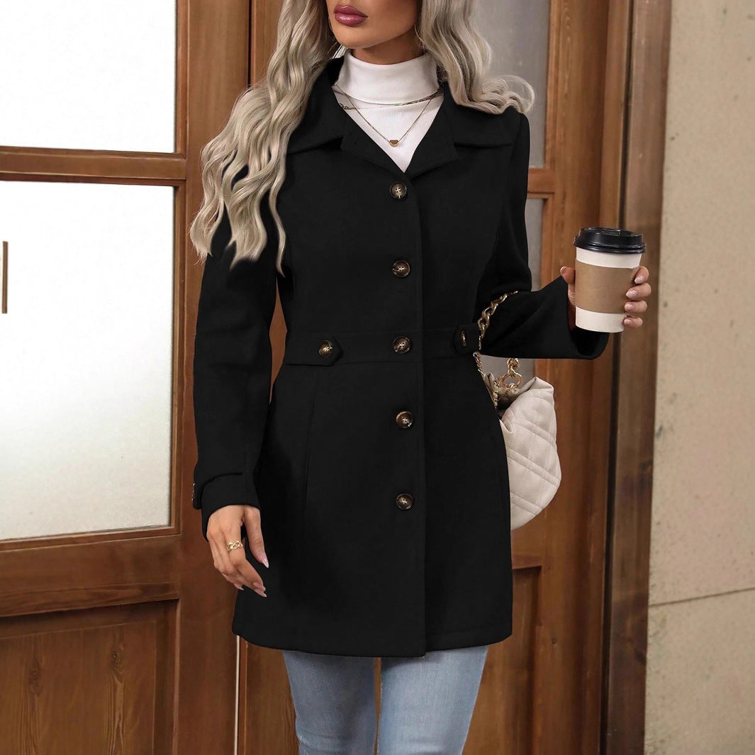 Mid-length Elegant Lapel Button Temperament Slim-fit Woolen Coat