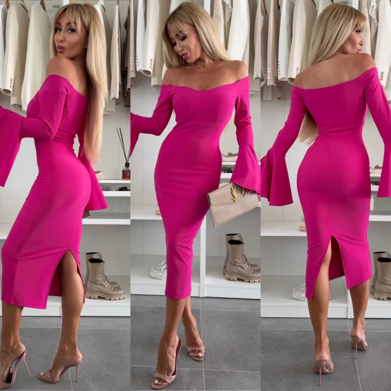 Solid Color Niche Design Off-neck Flared Long Sleeve Dress