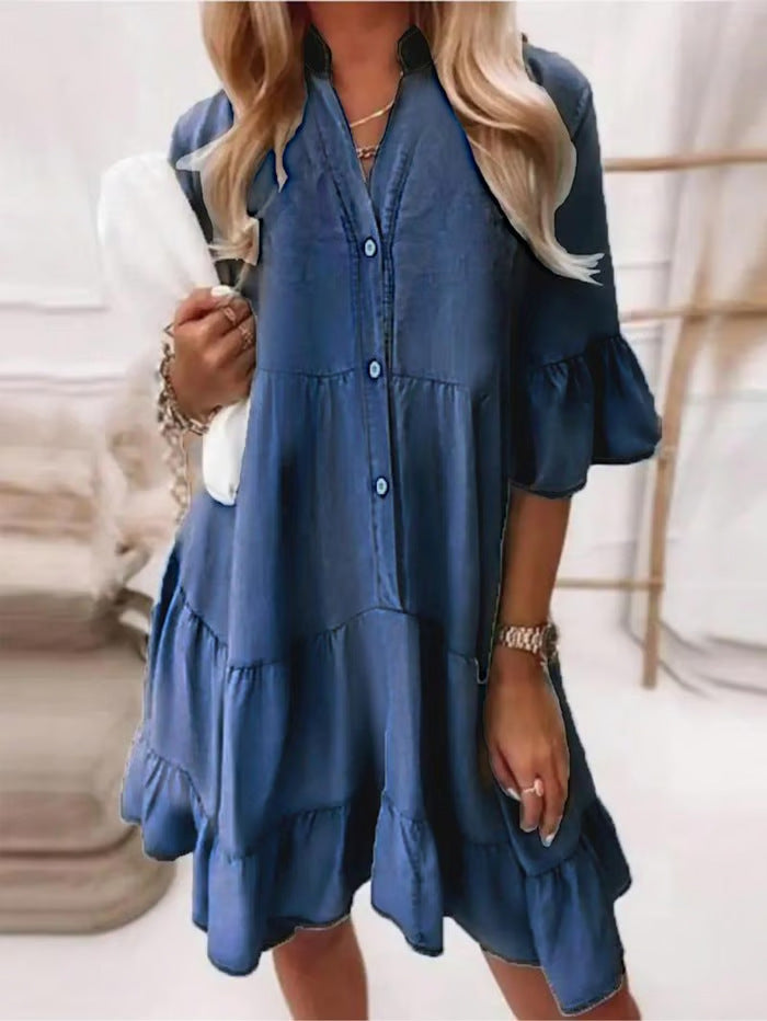 Washed Cotton Half Sleeve Mid-length Denim Dress