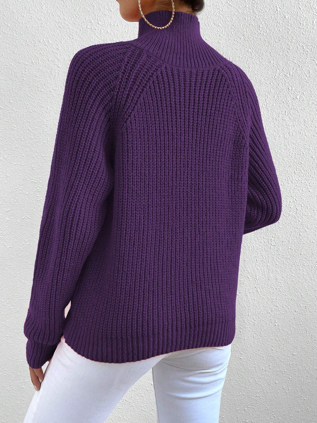 Women Casual Solid Color High Neck Raglan Sleeve Button Decor Pullover Sweater