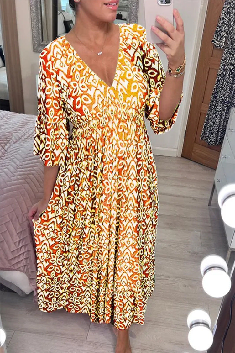 New Plus Size Super Fairy V-neck Floral Dress For Beach Vacation, Loose Long Skirt