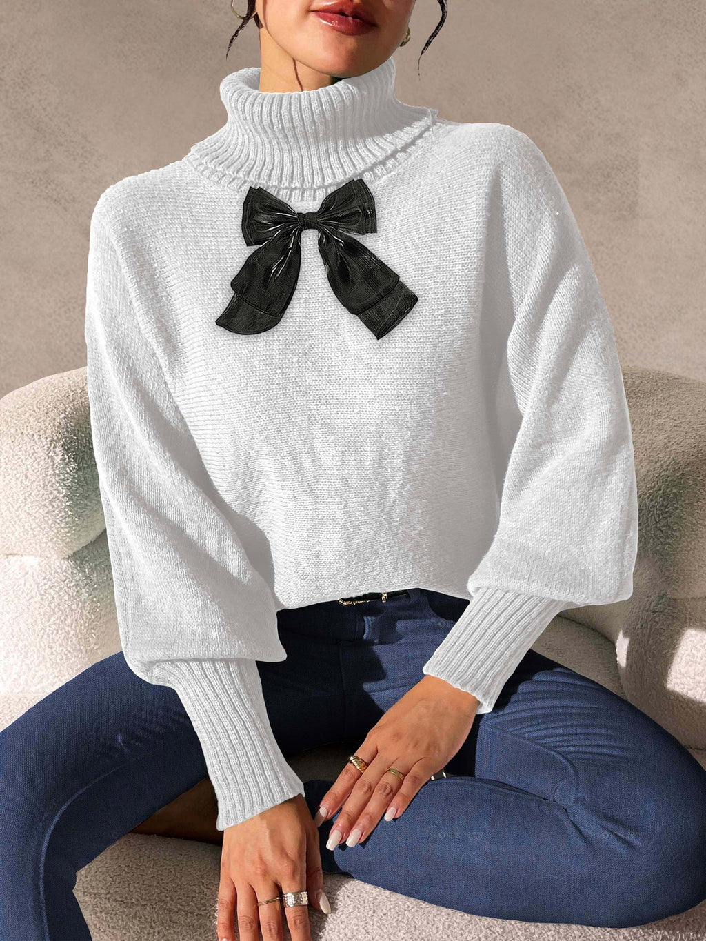 Women's Batwing Sleeve Lace Bow Patchwork Turtleneck Sweater