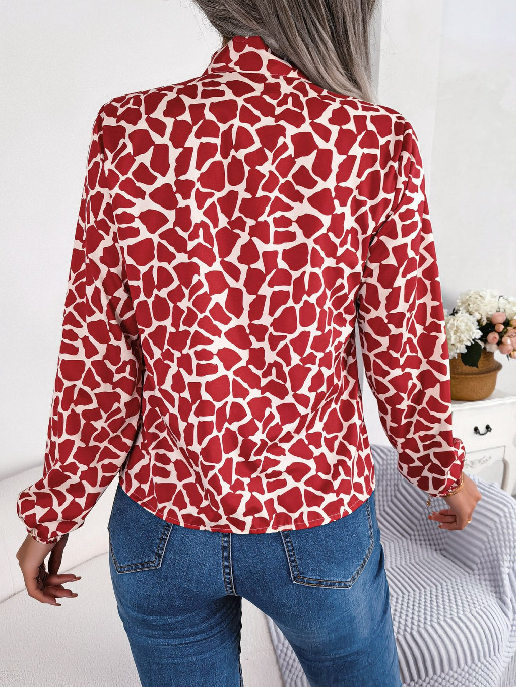 Women's Elegant Color Block Tie Waist Lantern Sleeve Chiffon Top
