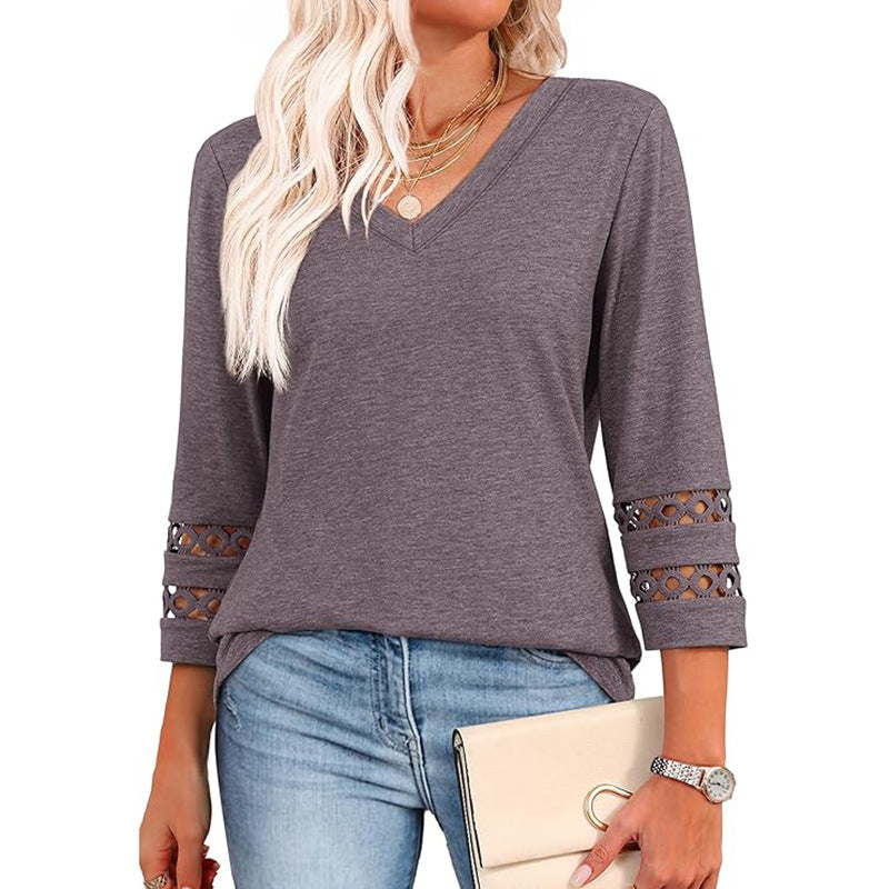 Solid Color Loose V-neck 34 Sleeves Women