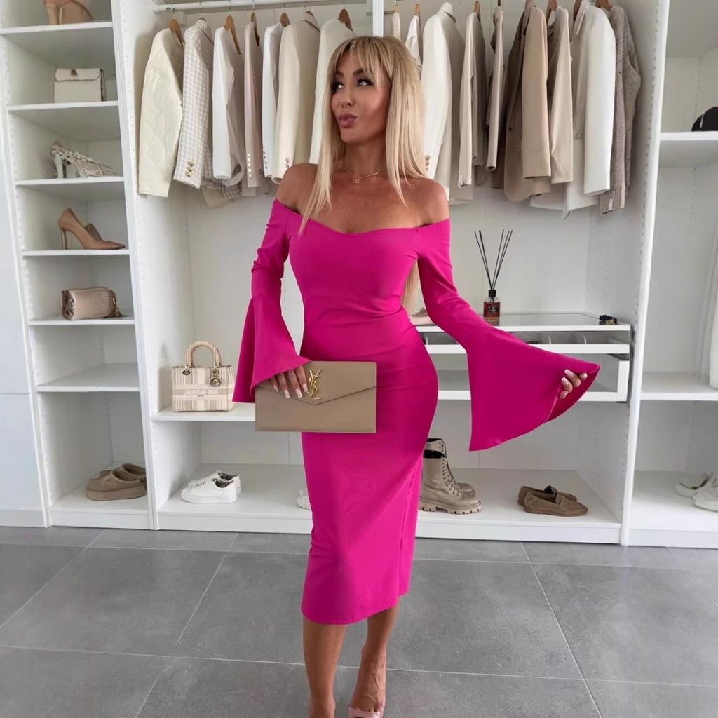 Solid Color Niche Design Off-neck Flared Long Sleeve Dress