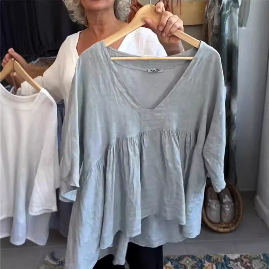 Women's Cotton And Linen Deep V-neck Solid Color Loose Top