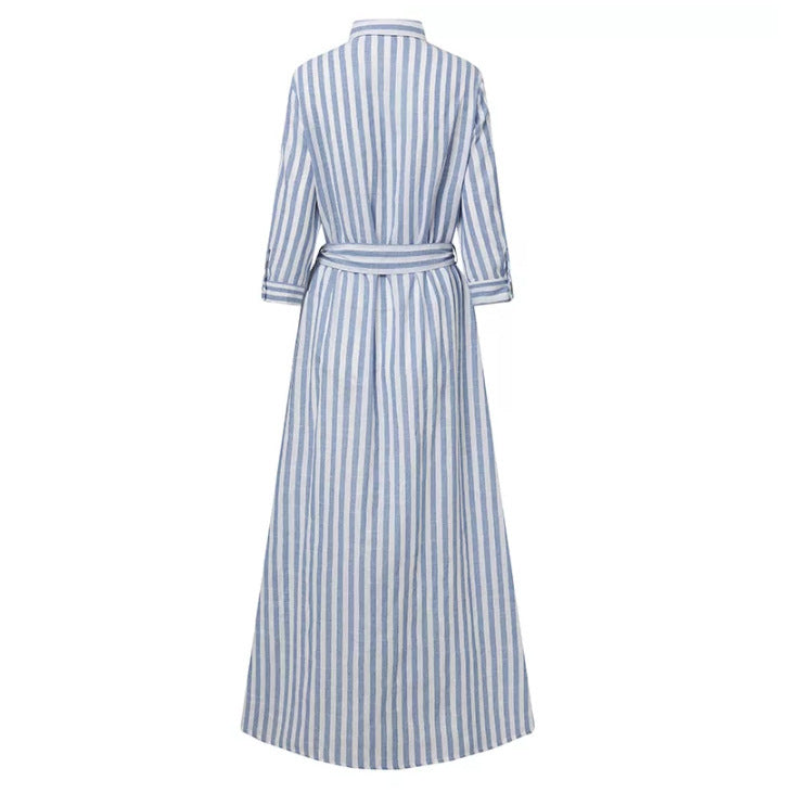 Striped Bohemian Three-quarter Length Sleeves Cardigan Dress