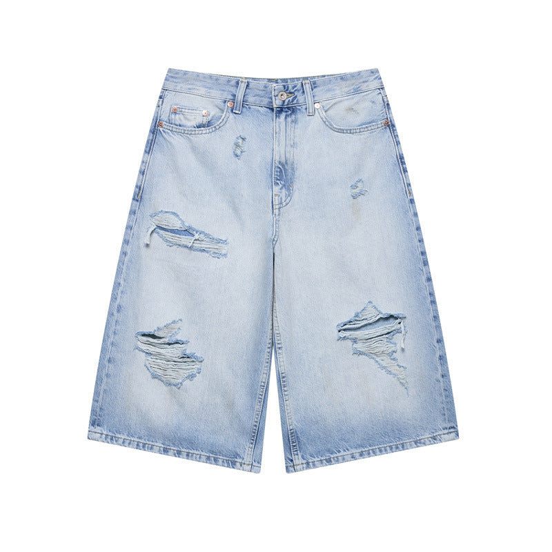 Perforated Hole Decoration Mid-waist Denim Casual Shorts