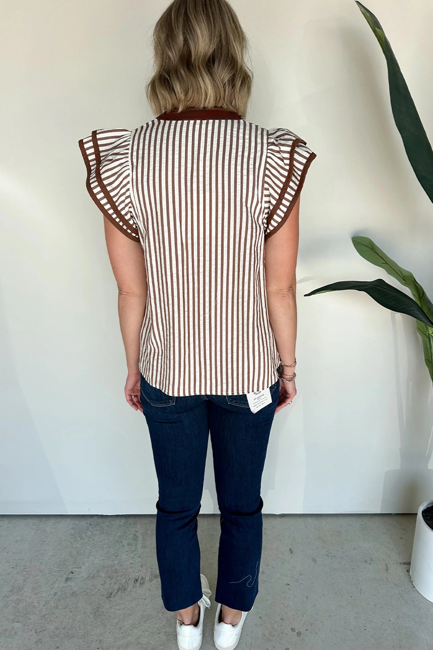 Khaki Stripe Double Ruffled Short Sleeve V Neck Blouse