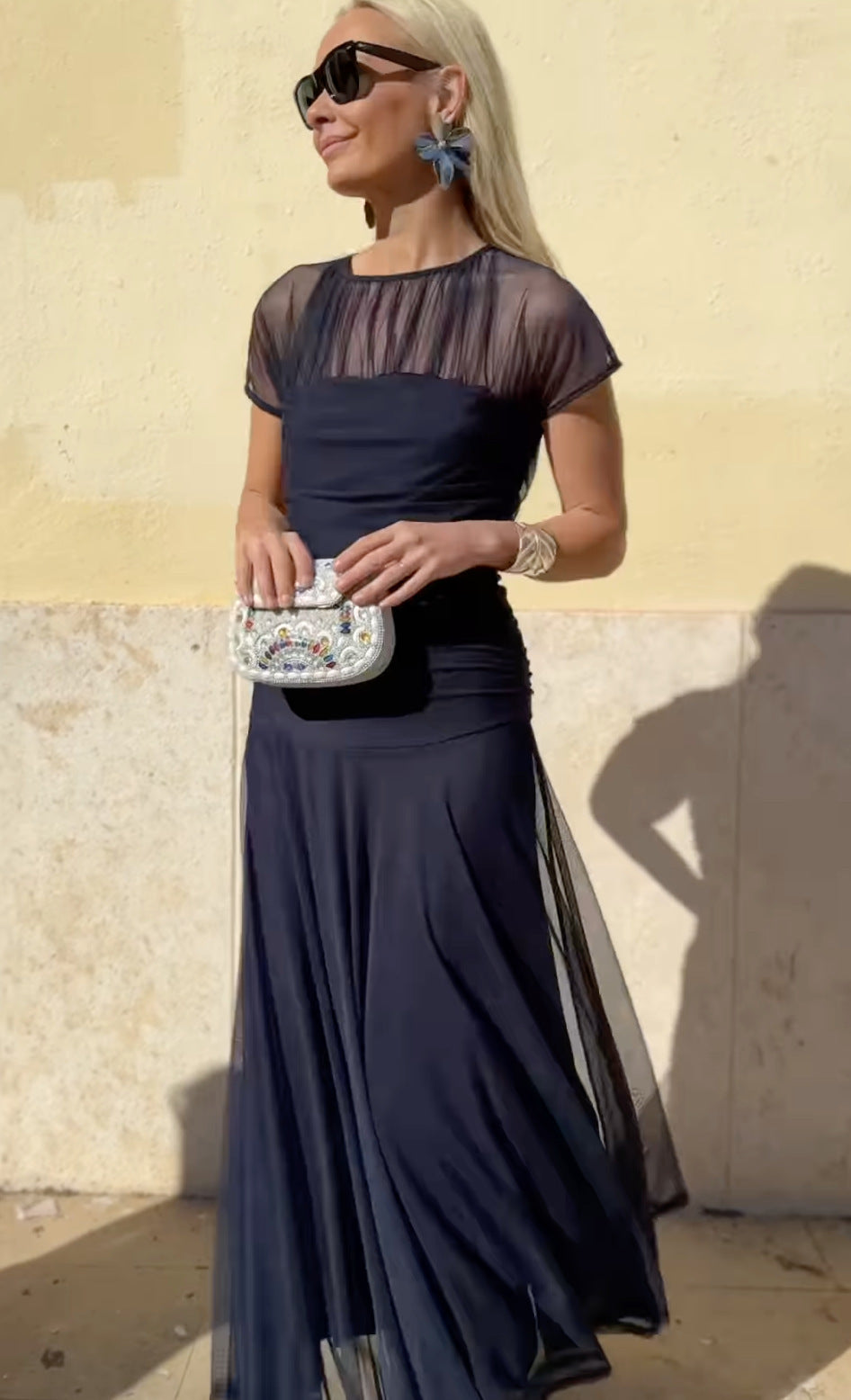 Mesh Round Neck Short Sleeve See-through Large Swing Hip Pleated Dress