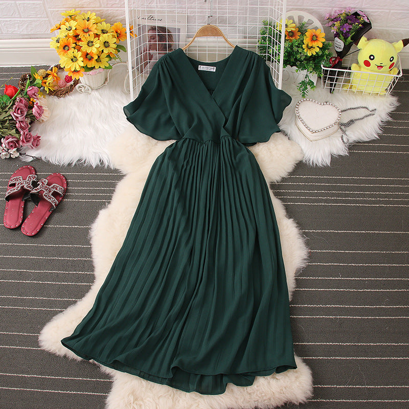Below The Knee Slim Fit Temperament Waist-controlled Women's V-neck Short Sleeve Dress