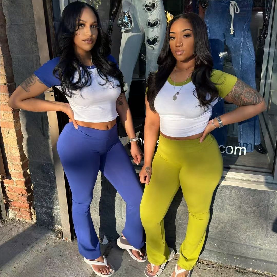 Women's Contrast Color Short-sleeved Trousers Casual Two-piece Suit