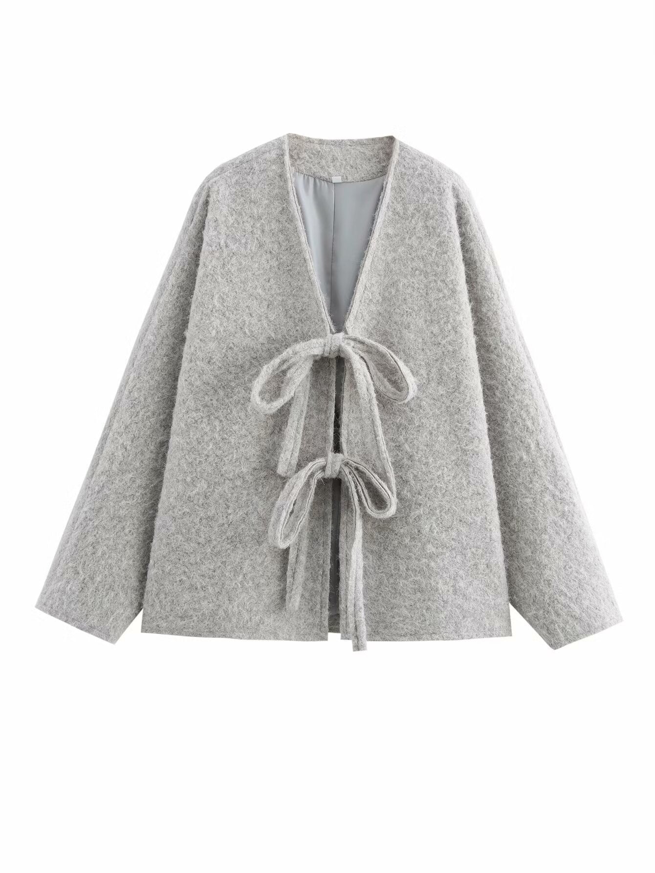 V-neck Cardigan Fashion Casual Lace Up Woolen Coat Short Coat