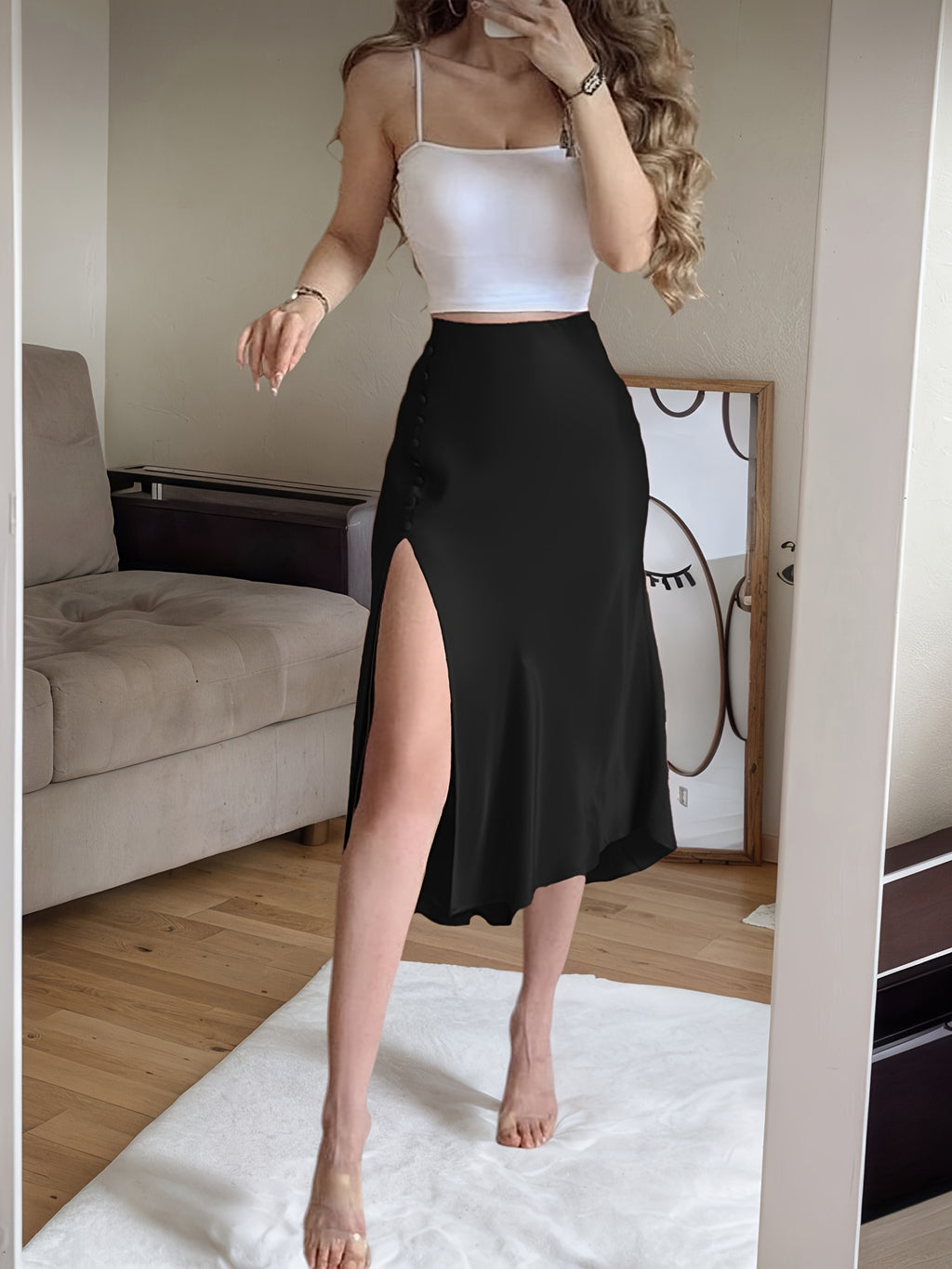 Satin And Velvet Multi-button Womens Skirt