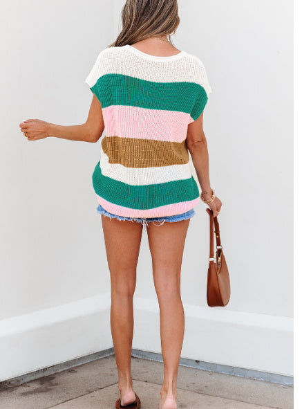 Multicolour Color Block Notch V Neck Sweater T Shirt