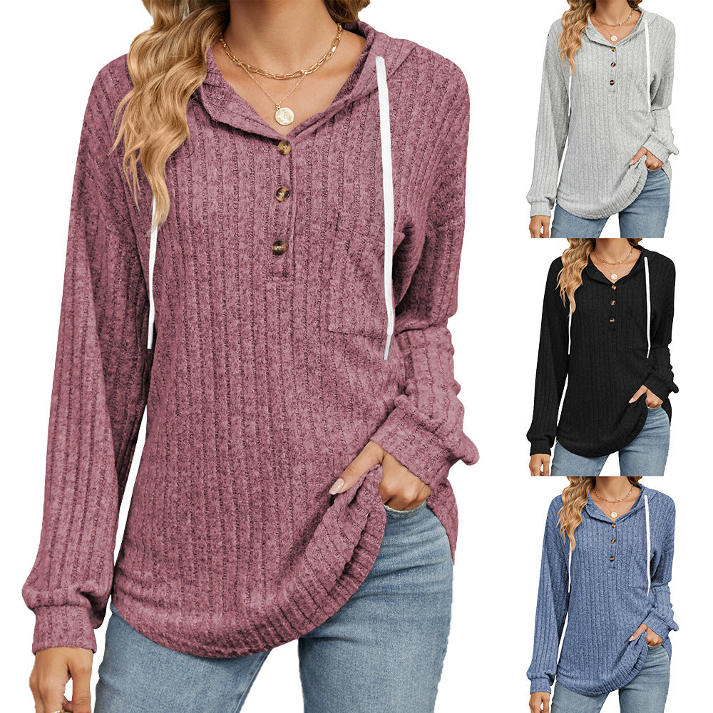 Button Hooded Pocket Loose Long Sleeve Sweatershirt Women