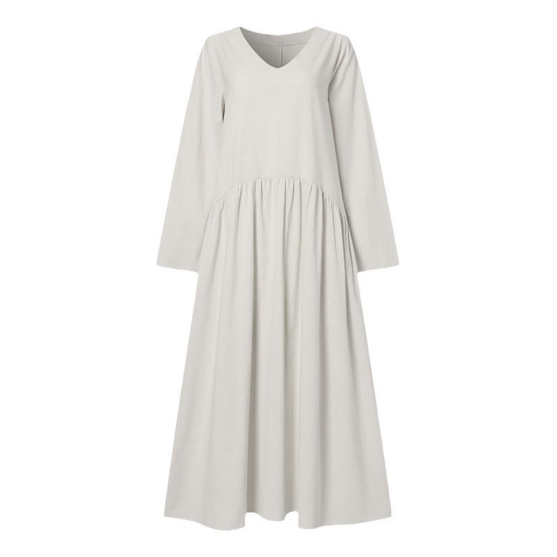 Fashion Long Sleeve V-neck Women's Casual Solid Color Loose Long Dress