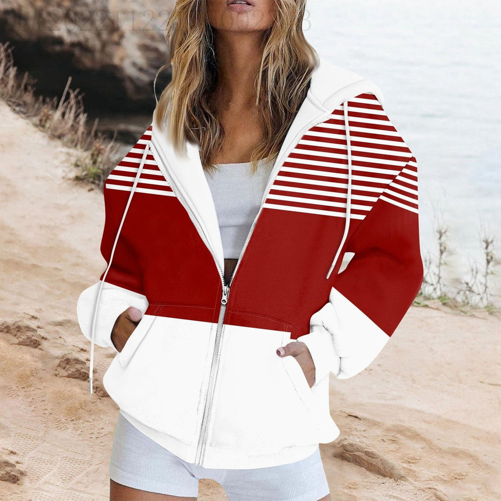 Striped Printed Pocket Long Sleeve Loose Hooded Sweater Zipper Jacket