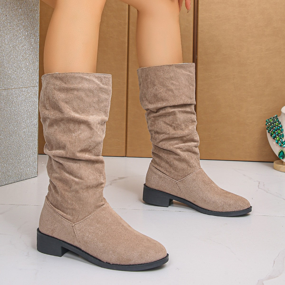 Plus Size Suede Pleated Pile Style Boots For Women Tall Knight Boots
