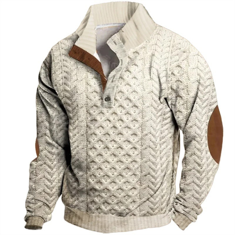 Retro Digital Printing Button Henry Collar Long Sleeve