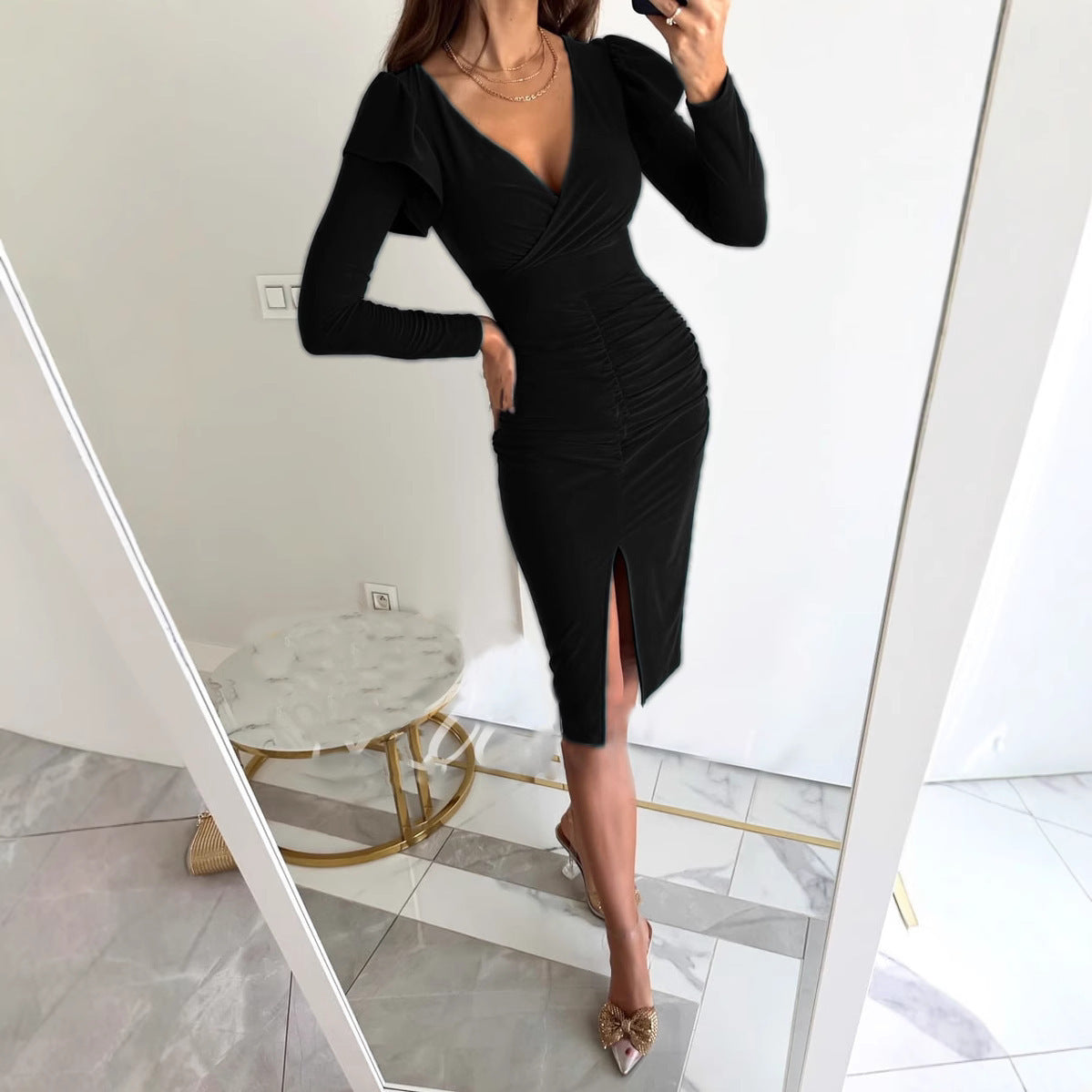 V-neck Solid Color Long Sleeve Dress