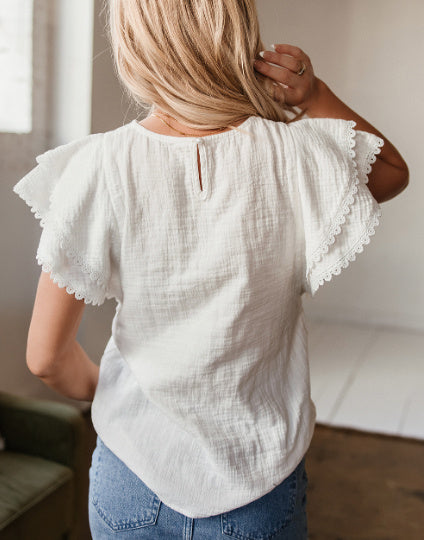 White Crinkled Layered Ruffled Flutter Sleeve Blouse