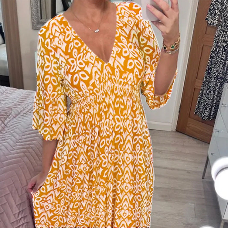 New Plus Size Super Fairy V-neck Floral Dress For Beach Vacation, Loose Long Skirt