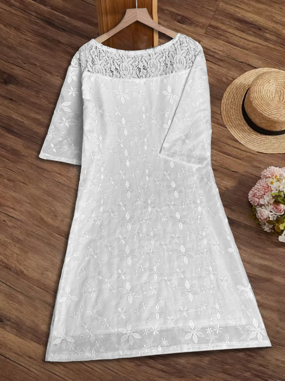 White Lace Ruffled Short Sleeves Hollow Dress
