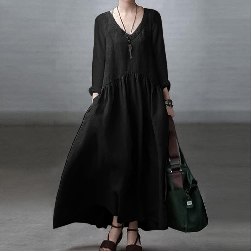 Fashion Long Sleeve V-neck Women's Casual Solid Color Loose Long Dress