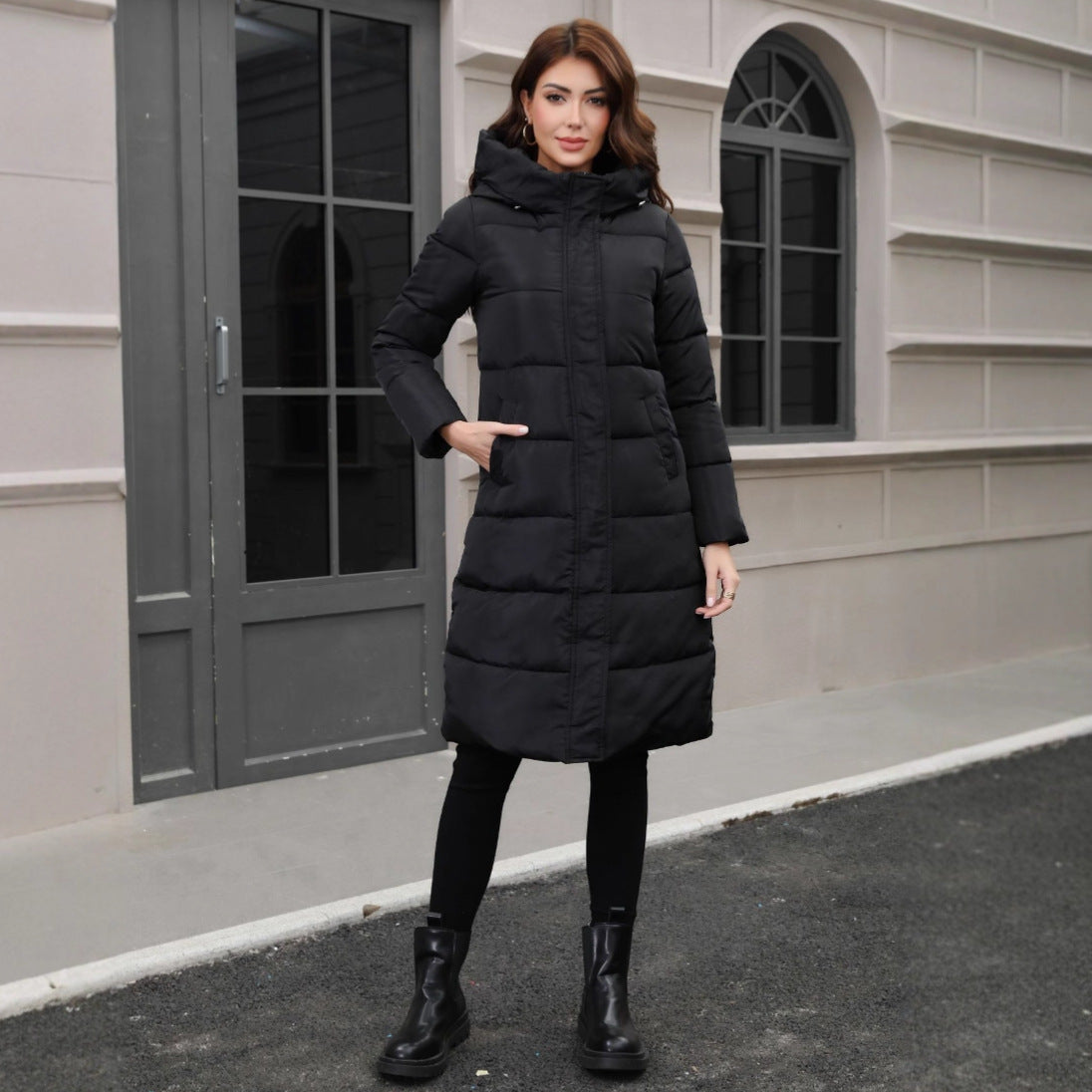 Hooded Thickened Cold-resistant Slim Fit Long Cotton Jacket