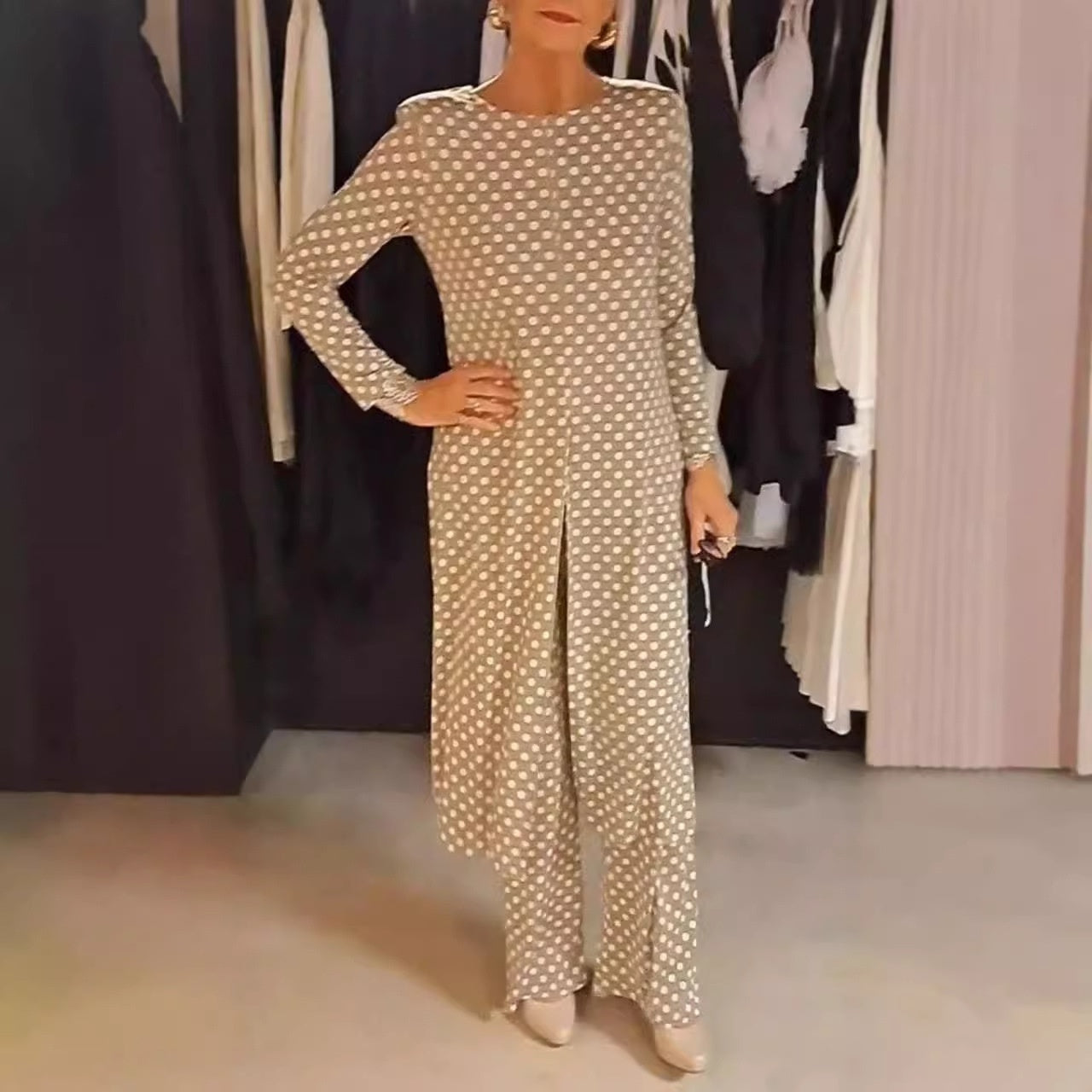 Round Neck Long Sleeve Split Polka Dot Trousers Casual Suit Women