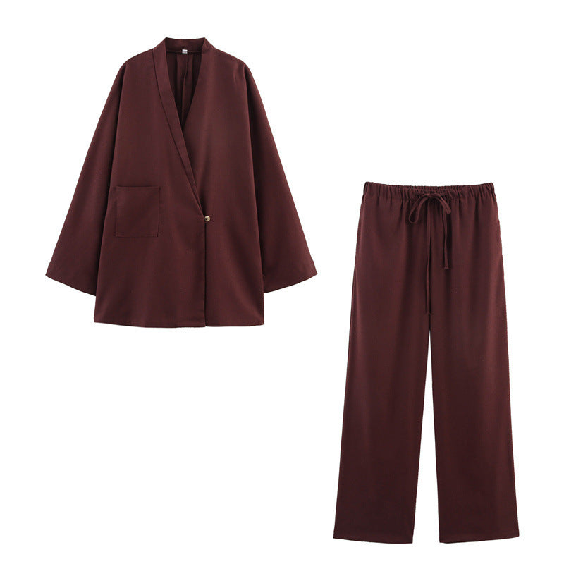 Two-color V-neck Single Button Coat Waist Wide Leg Trousers Two-piece Suit