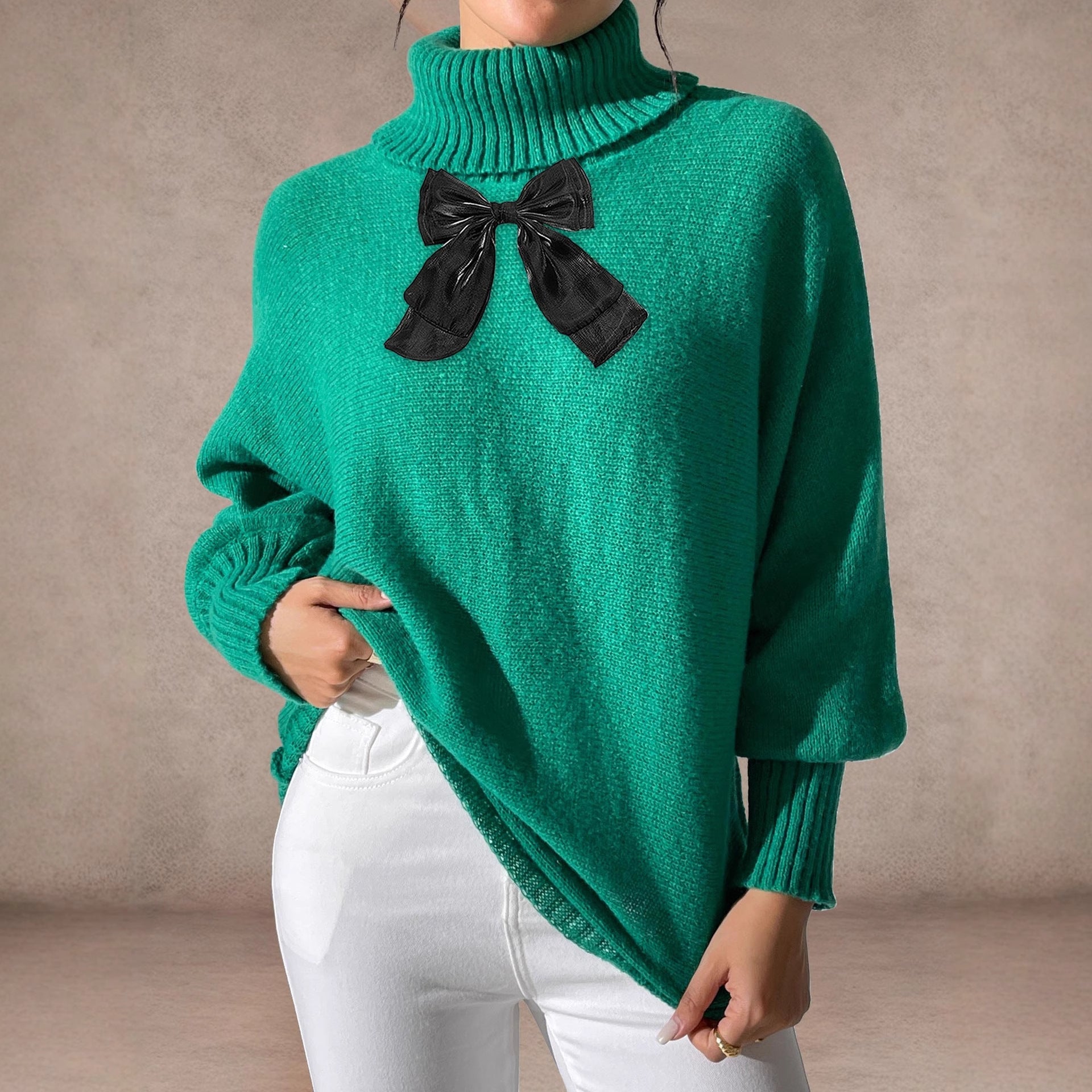 Women's Batwing Sleeve Lace Bow Patchwork Turtleneck Sweater