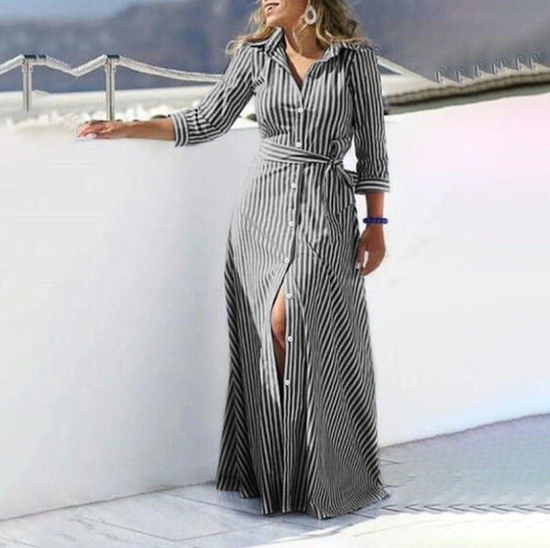 Striped Bohemian Three-quarter Length Sleeves Cardigan Dress