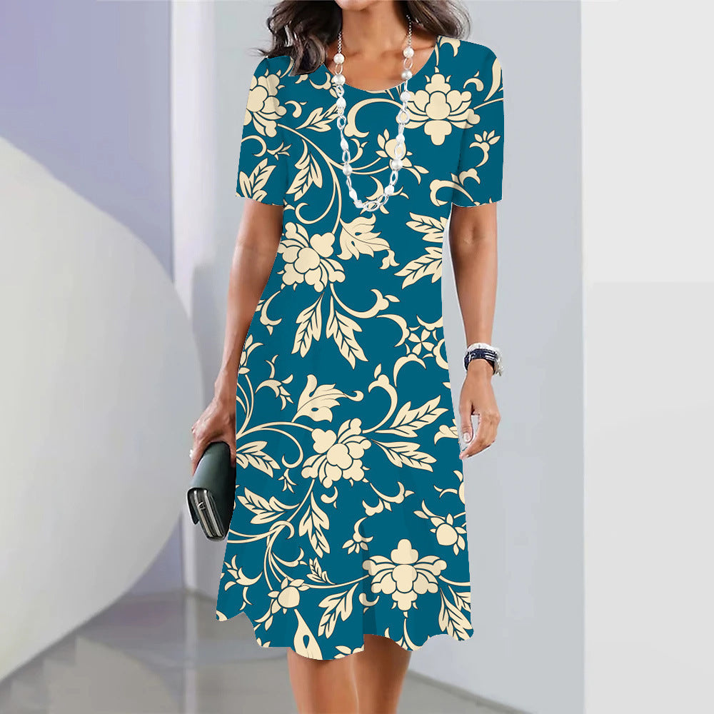 3d Floral Blue Printed Round Neck Fashion Party Dress