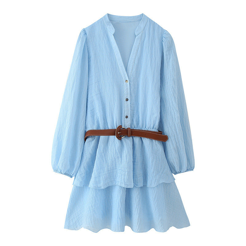 With Belt Laminated Decoration Dress