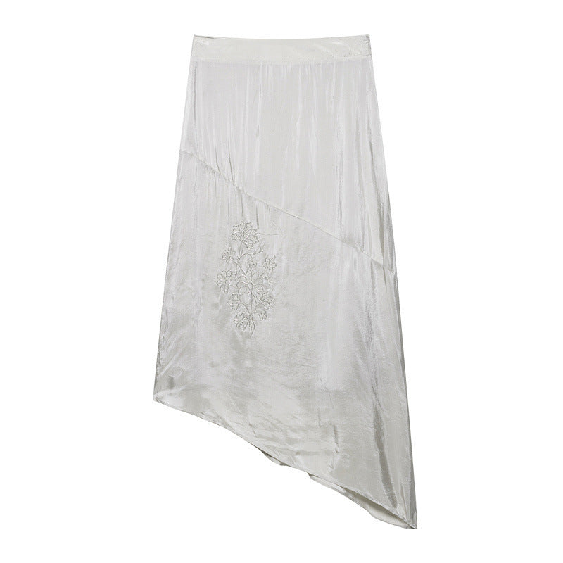 Solid Color Design Embroidered Asymmetric Skirt