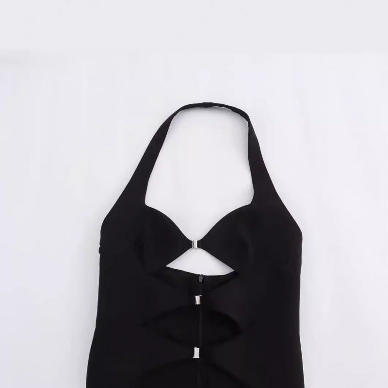 European And American Sexy Buckle Decoration Opening Design Hanging Collar Dress