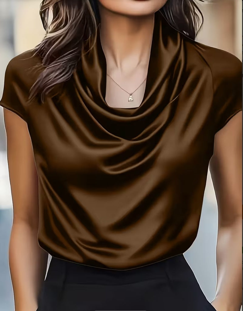 Womens Solid-color Boat-neck Drapey Short-sleeve Top