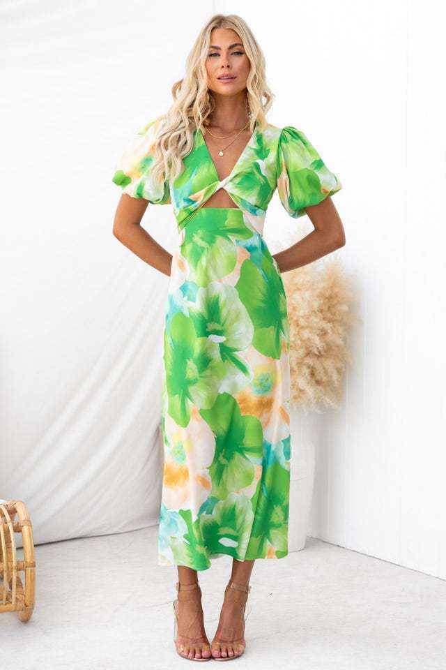 Puff Sleeve Long Dress Printed V-neck Hollow Out