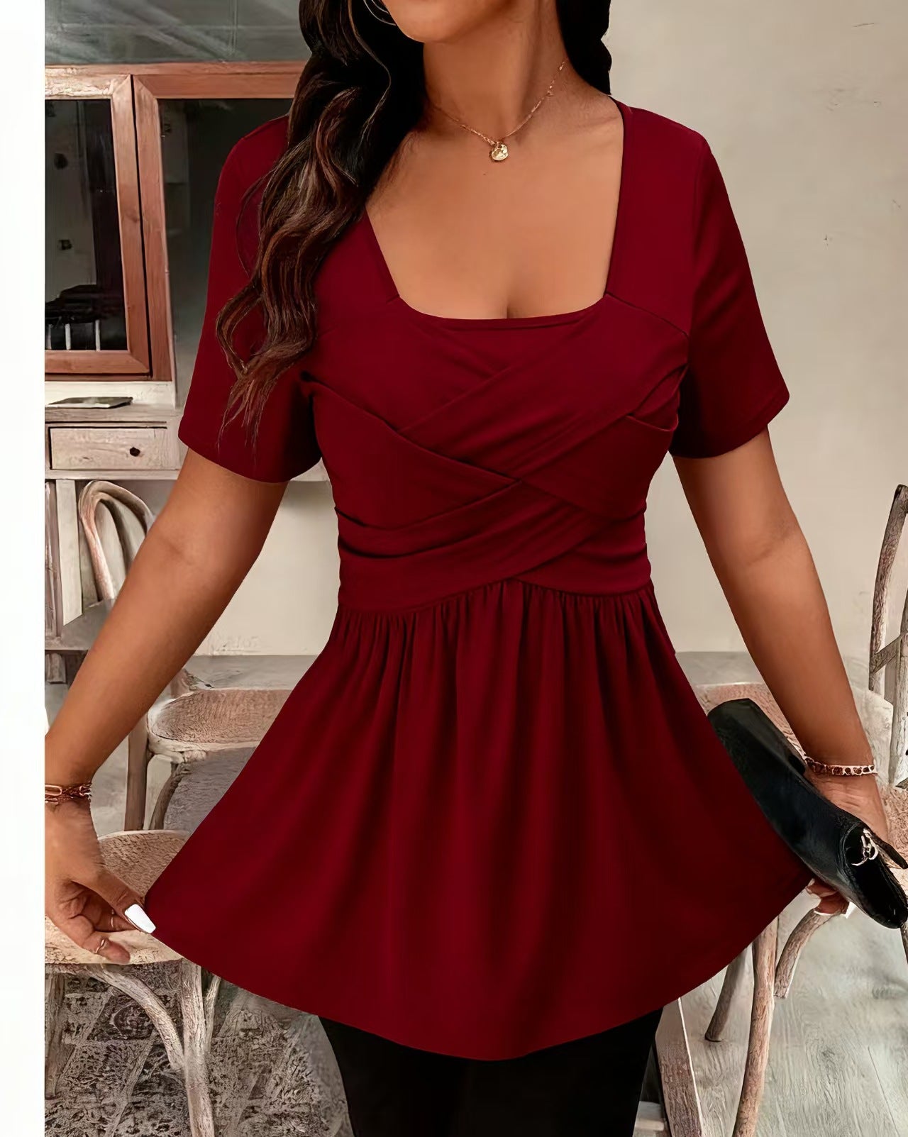 Solid-color Square-neck Front-cross-strap Short-sleeve Casual T-shirt